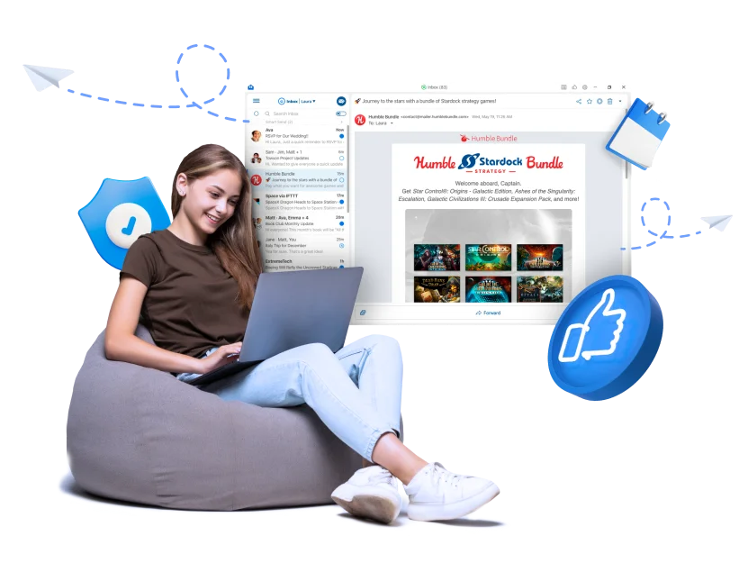 Woman using BlueMail on laptop with floating UI elements